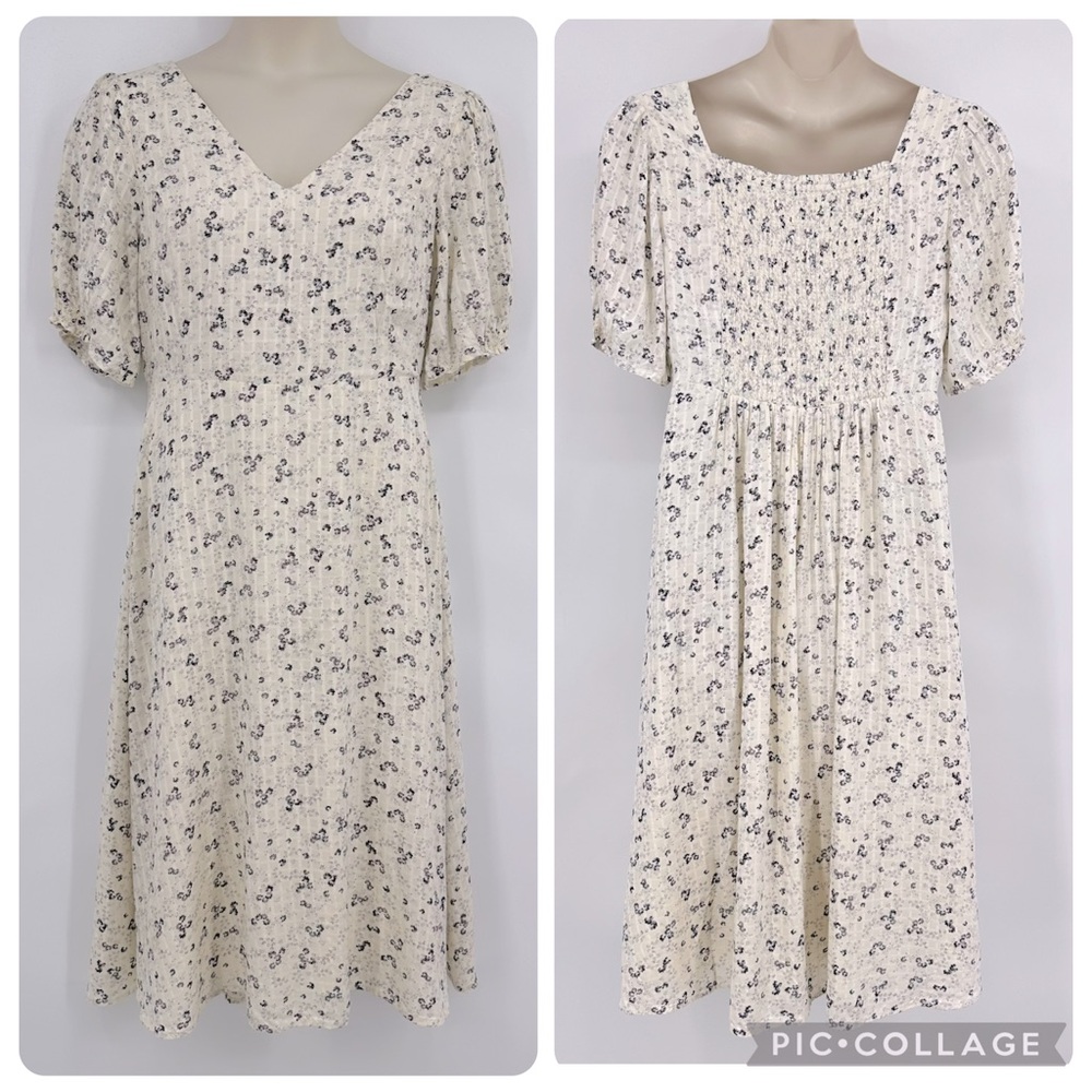 Old Navy NWT Puff-Sleeve Pintucked Smocked Midi Dress Ivory Floral Size L